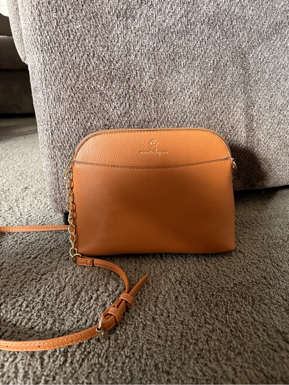 Nanette Lepore Caramel Tan Pebbled Leather Crossbody with Gold Chain